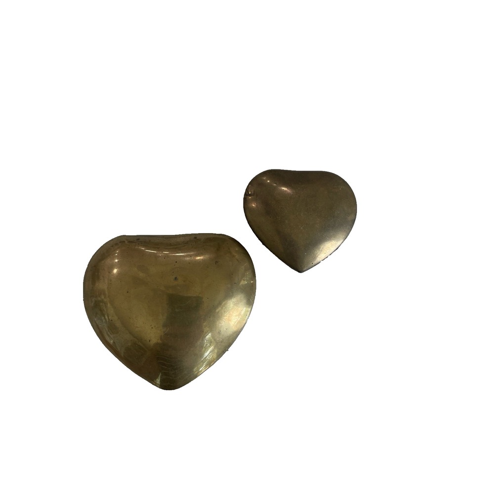 Vtg Pair Nesting Brass Heart Lidded Trinket Boxes Antique Gold Tone